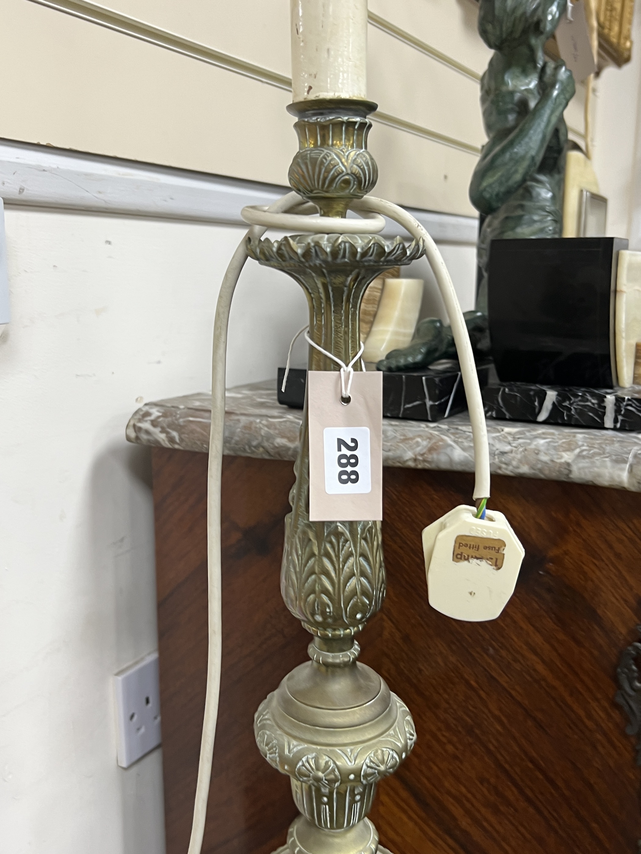 An Empire style brass lamp standard, height including fittings 150cm